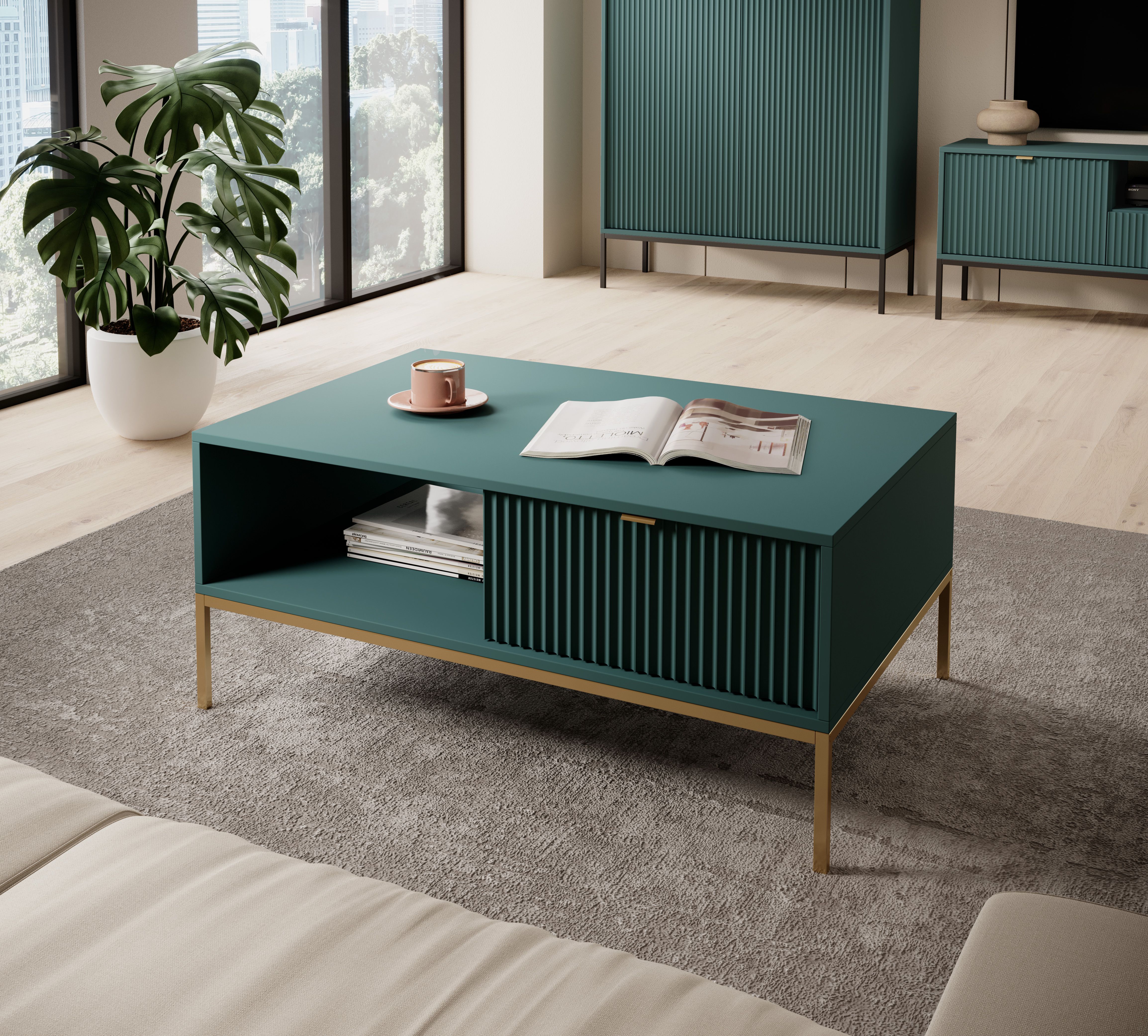 Table basse contemporaine Worthing 09, Couleur : Turquoise / Or - Dimensions : 46 x 104 x 68 cm (H x L x P)