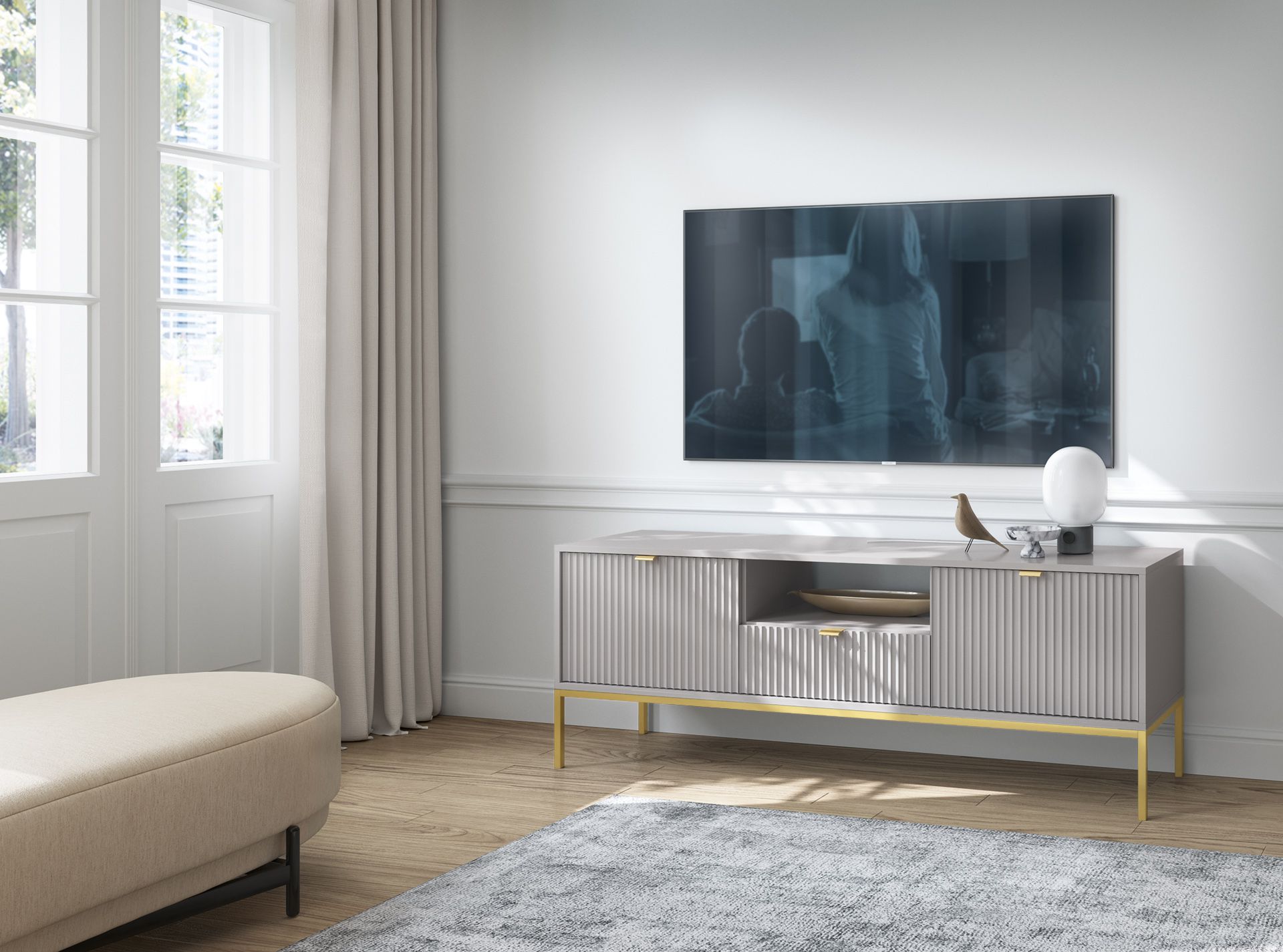 Meuble TV au design moderne Worthing 57, Couleur : Gris / Or - Dimensions : 56 x 154 x 39 cm (H x L x P)