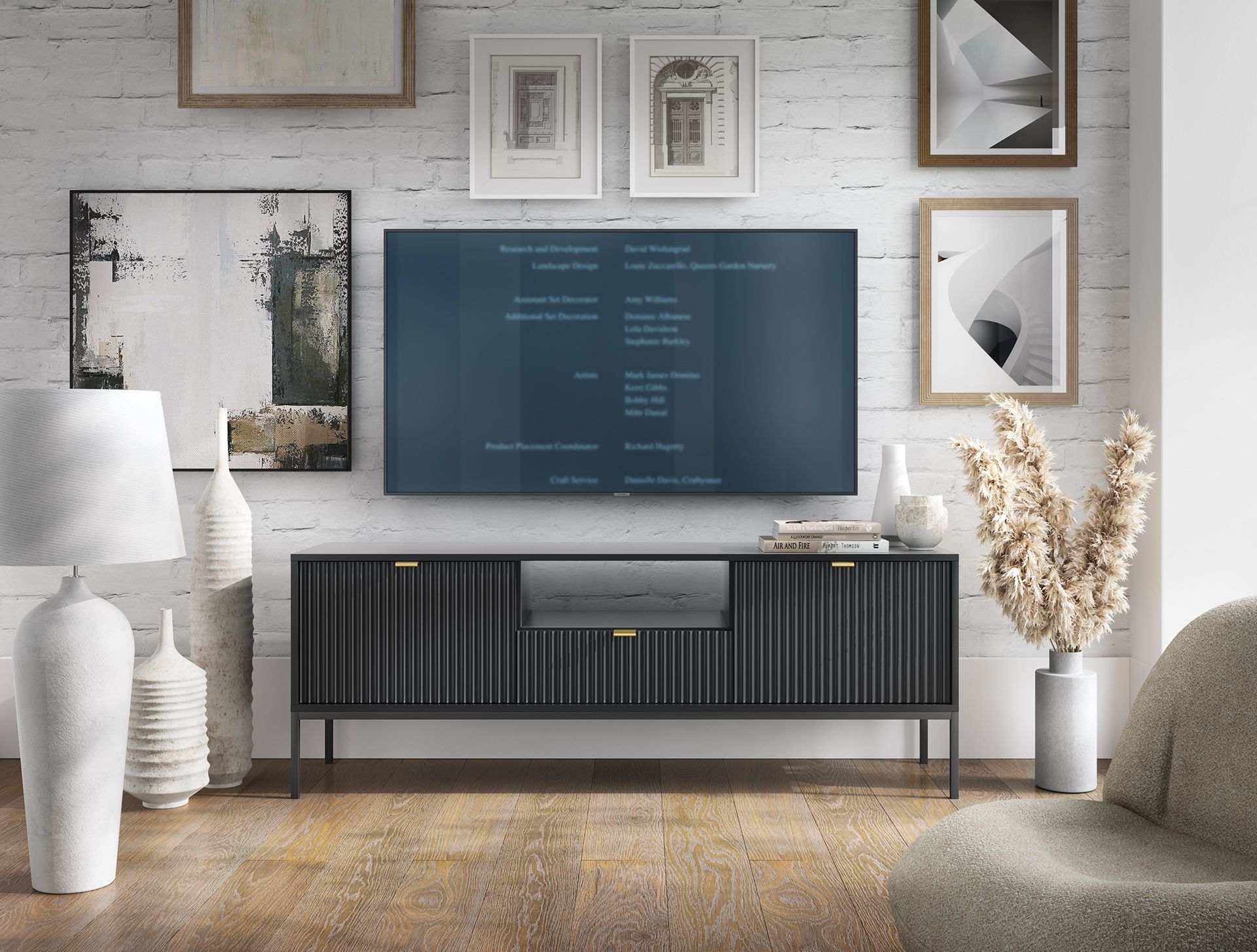 Meuble TV avec un tiroir Worthing 42, Couleur : Noir / Or - Dimensions : 56 x 154 x 39 cm (H x L x P)