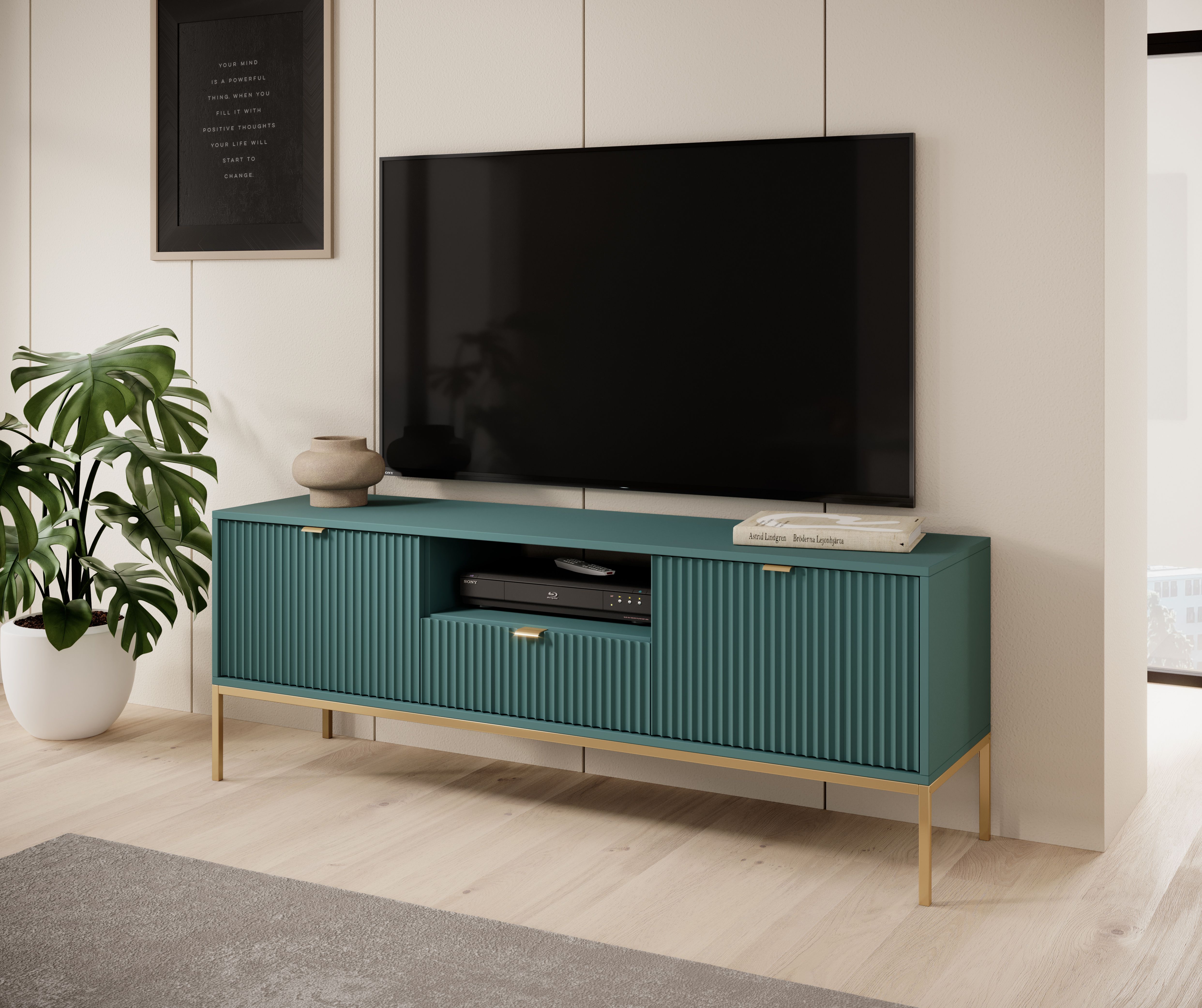 Meuble TV avec grand espace de rangement Worthing 12, Couleur : Turquoise / Or - Dimensions : 56 x 154 x 39 cm (H x L x P)