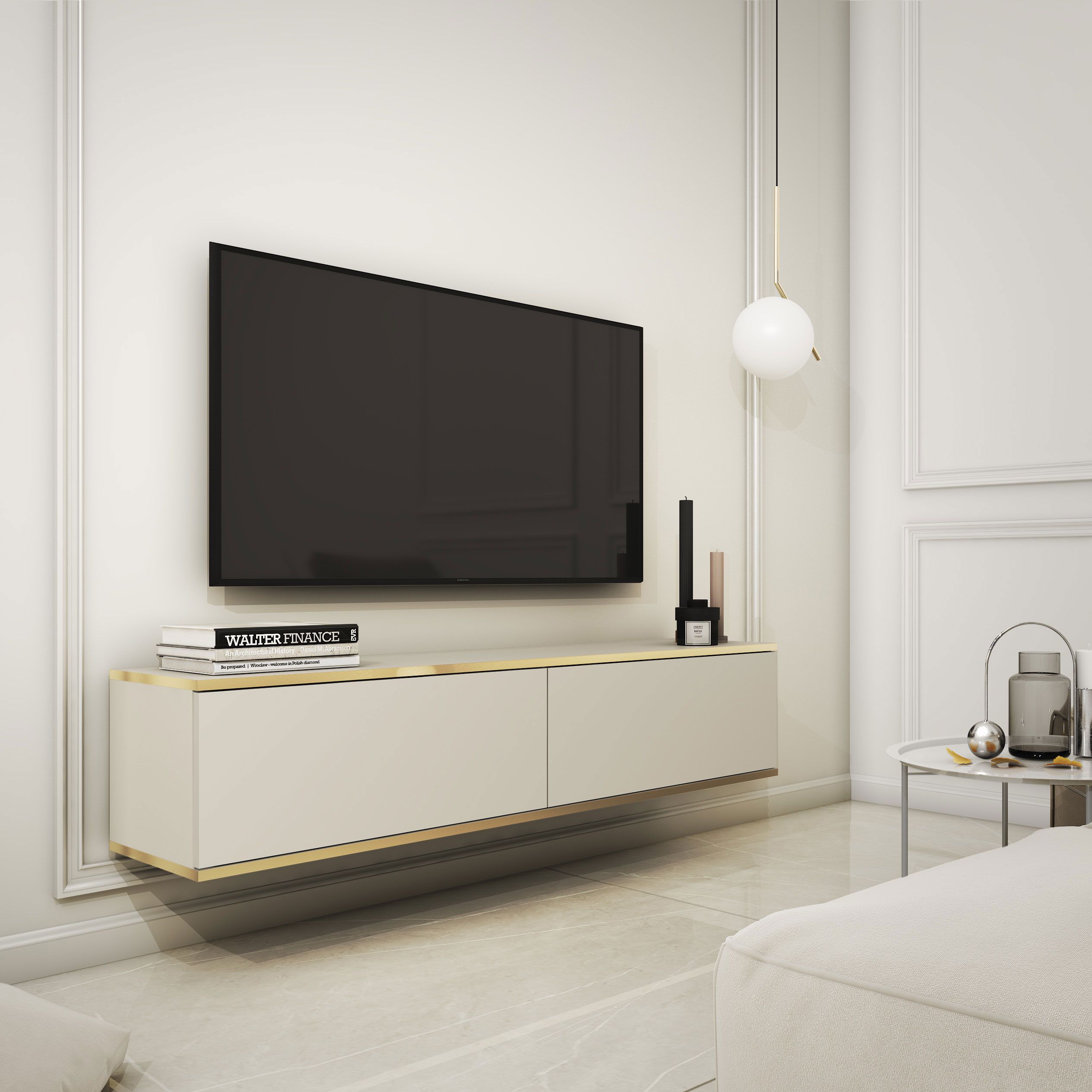 Meuble TV sobre avec fonction push-to-open Horsham 12, couleur : Beige - Dimensions : 30 x 135 x 32 cm (H x L x P)