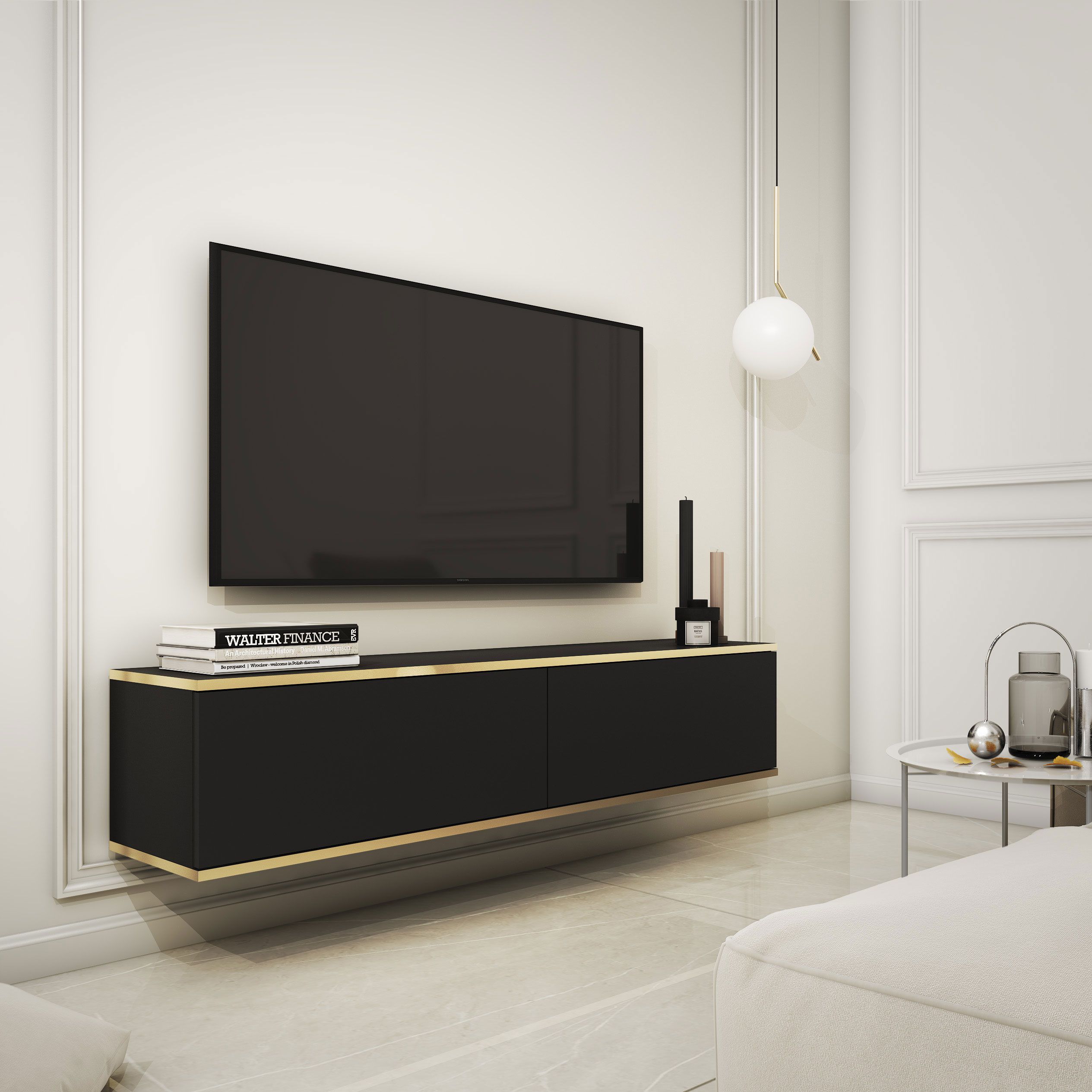 Elégant meuble TV avec fonction push-to-open Horsham 09, Couleur : Noir - Dimensions : 30 x 135 x 32 cm (h x l x p)