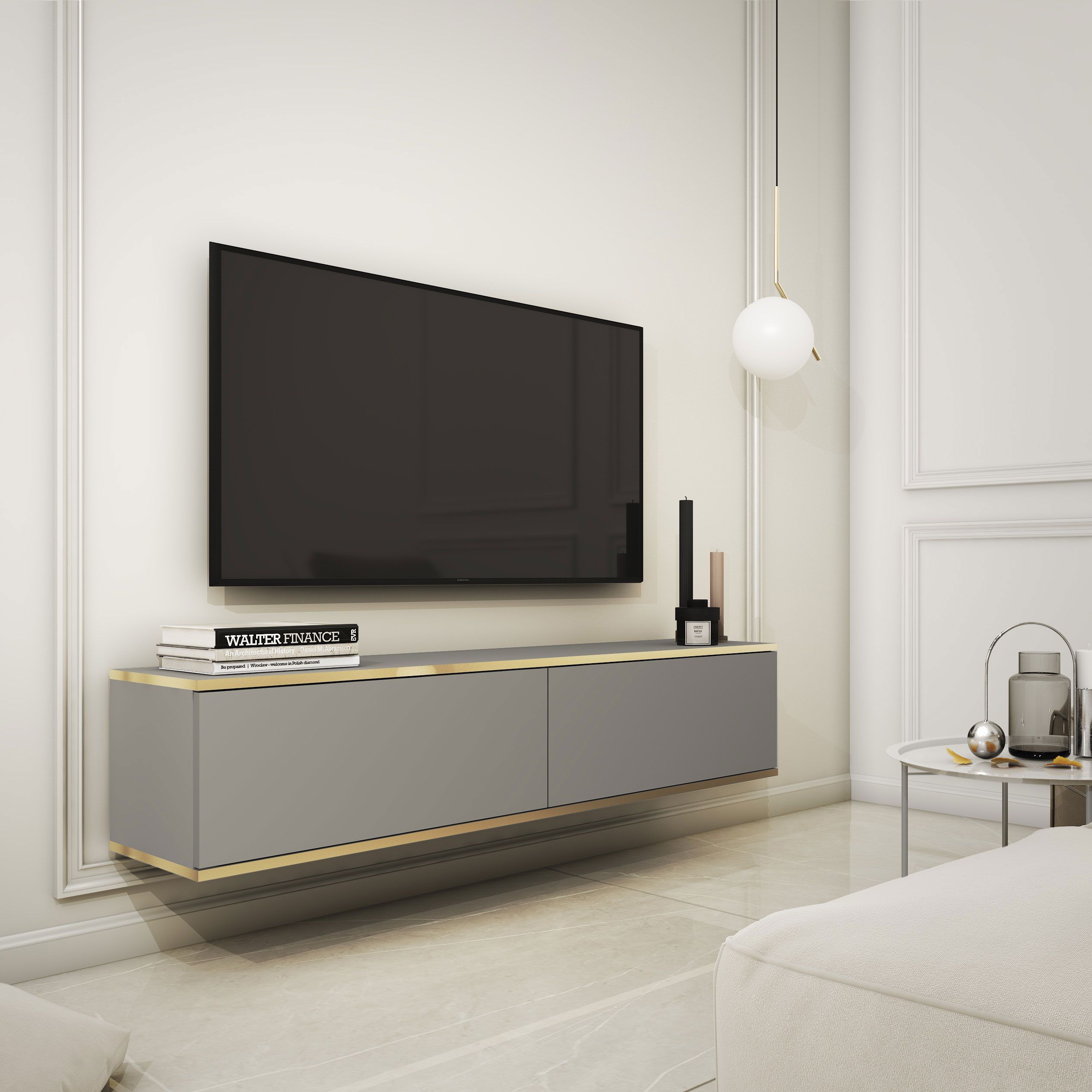 Meuble TV avec deux compartiments basculants Horsham 13, Couleur : Gris - Dimensions : 30 x 135 x 32 cm (H x L x P)