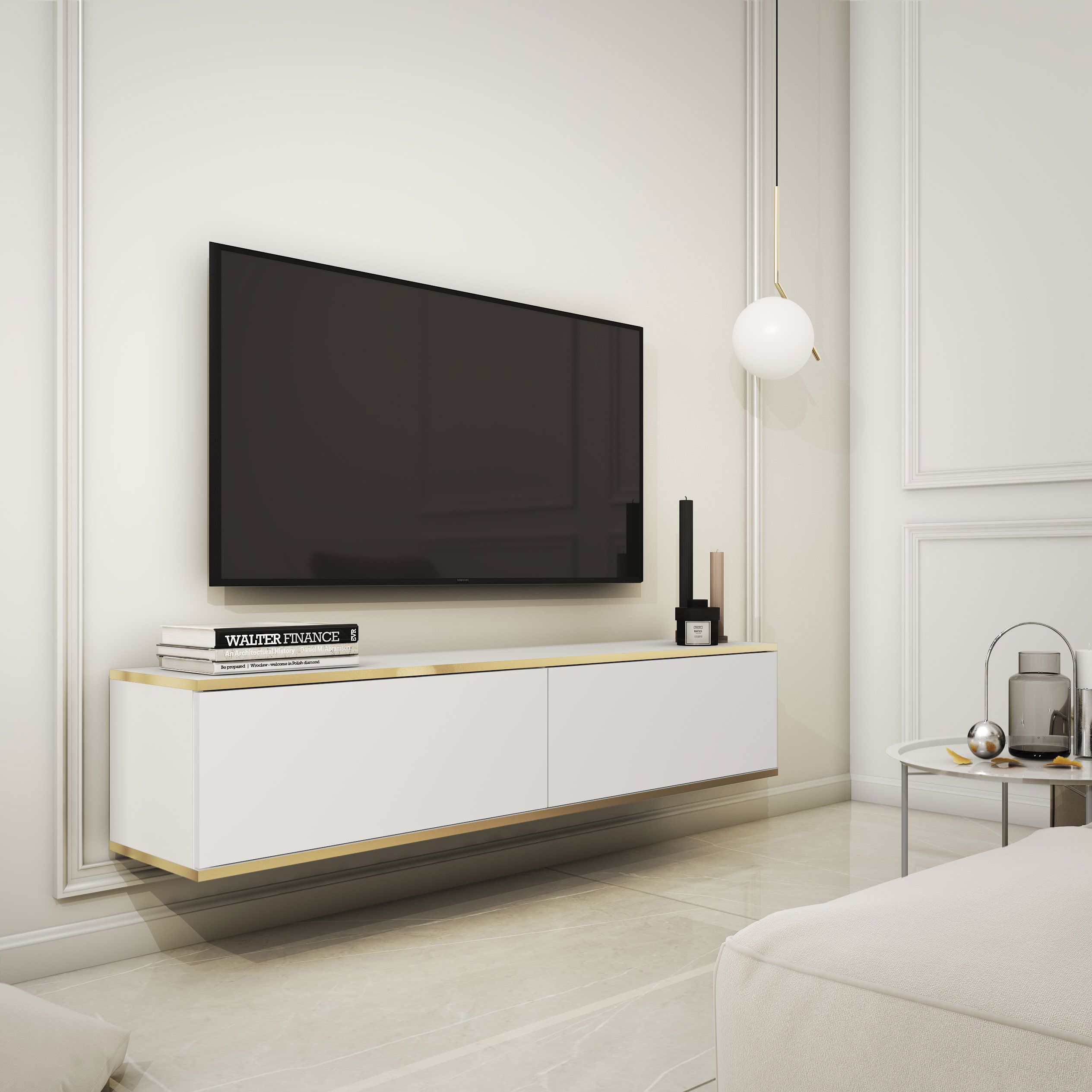Meuble bas TV avec deux compartiments basculants Horsham 11, Couleur : Blanc - Dimensions : 30 x 135 x 32 cm (H x L x P)