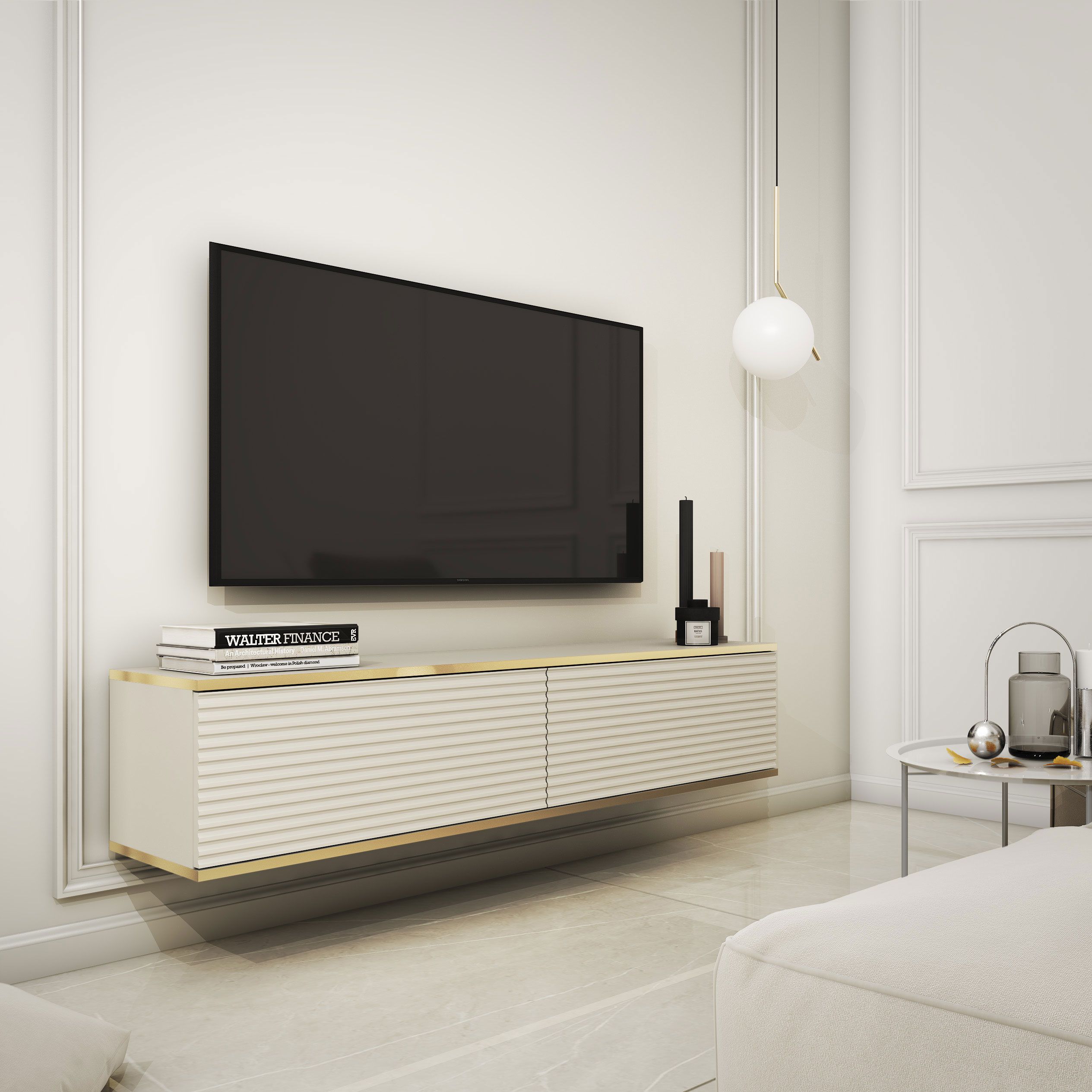 Meuble TV avec fonction push-to-open Horsham 03, Couleur : Beige - Dimensions : 30 x 135 x 32 cm (H x L x P)
