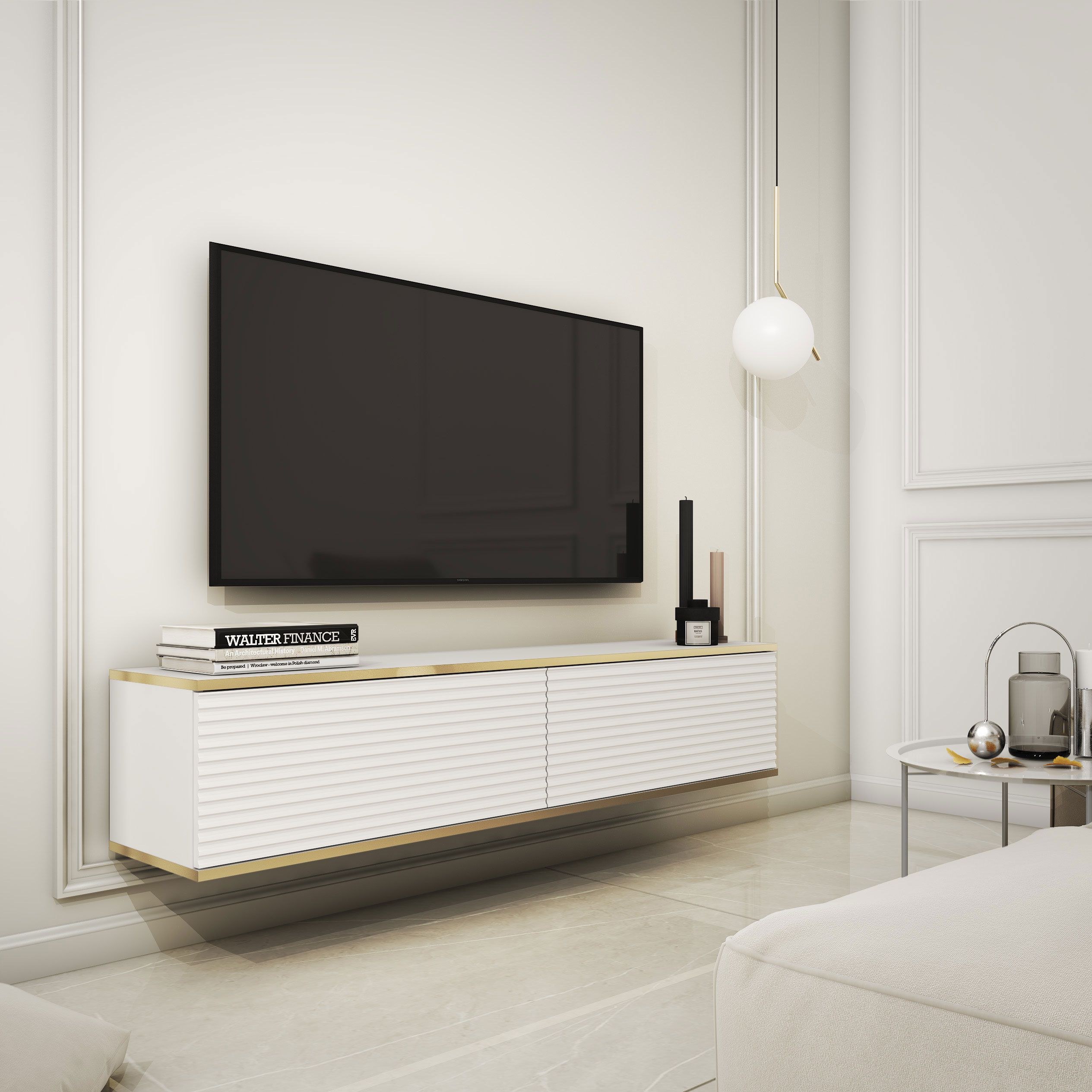 Meuble TV sobre avec fonction push-to-open Horsham 02, Couleur : Blanc - Dimensions : 30 x 135 x 32 cm (H x L x P)
