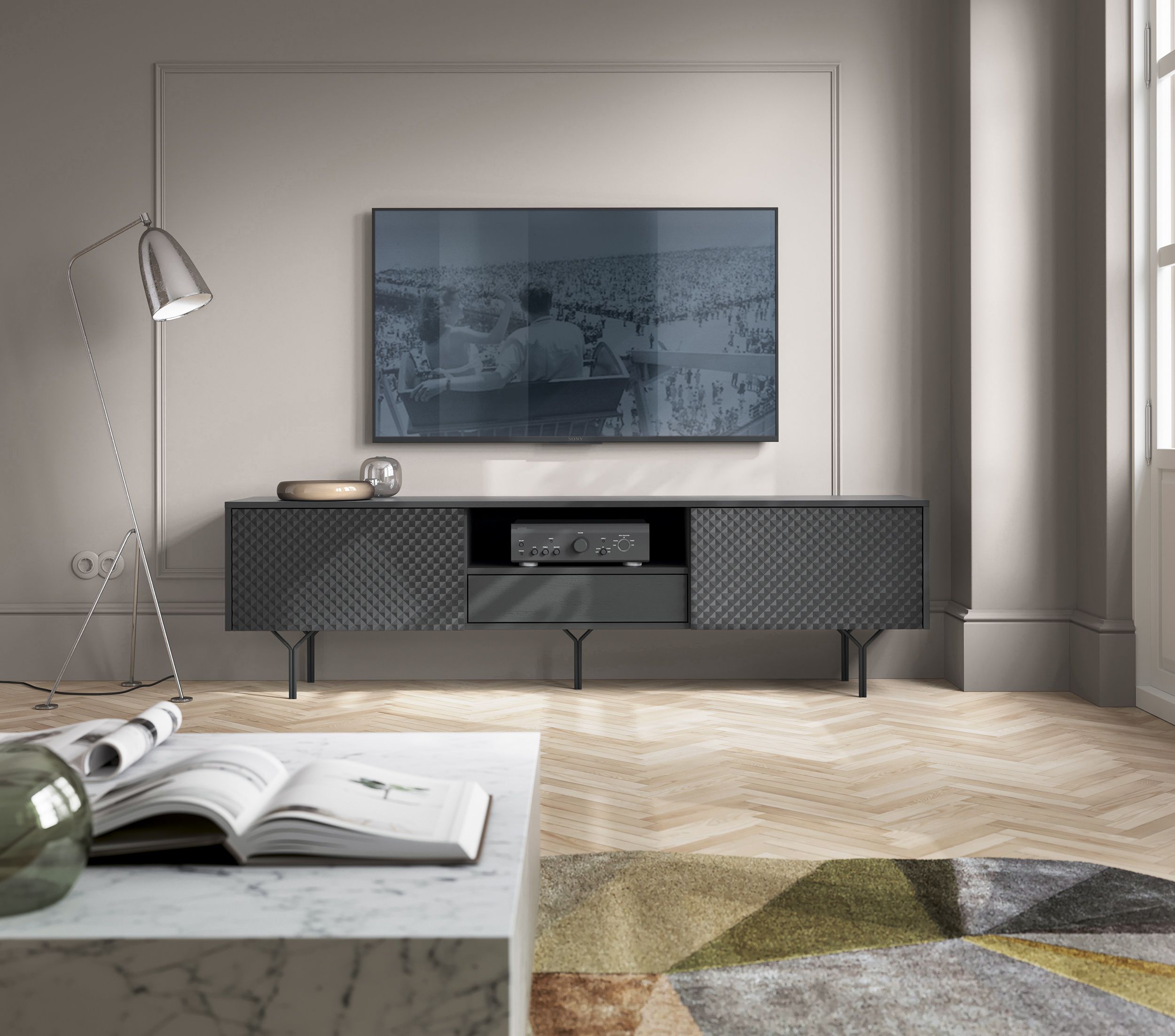Meuble TV moderne Margate 01, Couleur : Noir - Dimensions : 51 x 180 x 38 cm (H x L x P)