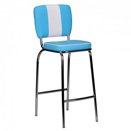 Chaise de bistrot au design rétro, couleur : bleu / blanc / chrome, avec structure en métal