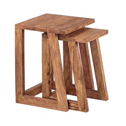 Table d'appoint 2 pièces en bois massif de sheesham, couleur : sheesham - dimensions : 50 x 36 x 36 cm (h x l x p), chaque meuble est unique