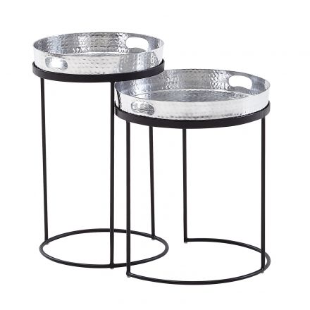 Set de 2 tables de salon, Couleur : Argent / Noir - dimensions : 38 x 38 x 45 cm et 32,5 x 32,5 x 53 cm (L x P x H) avec plateau amovible