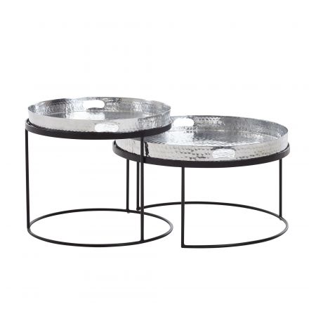 Set de 2 tables de salon, Couleur : Argent / Noir - dimensions : 56 x 56 x 33 cm et 46 x 46 x 41 cm (L x P x H) avec plateau amovible