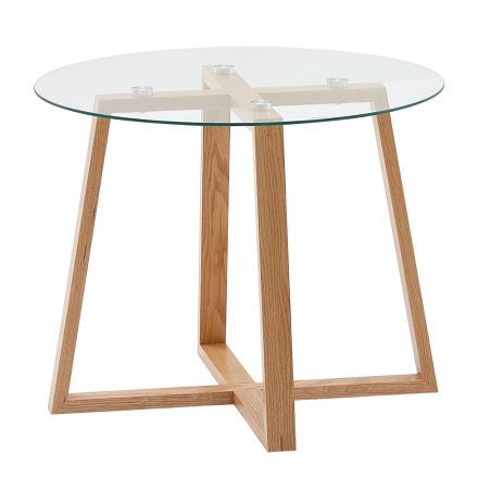 Table de salon ronde en verre, Couleur : Chêne - dimensions : 58 x 58 x 47 cm (L x P x H)
