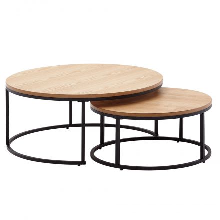 Table de salon, set de 2 tables rondes, Couleur : Chêne - dimensions : 80 x 80 x 36 cm et 60 x 60 x 26 cm (L x P x H) en placage chêne