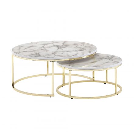 Set de 2 tables de salon rondes, couleur : aspect marbre / or - dimensions : 80 x 80 x 36 cm et 60 x 60 x 26 cm (L x P x H)