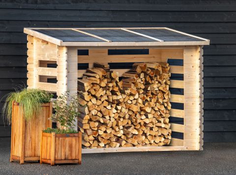 Abri pour bois de cheminée avec couverture de toit - Dimensions : 115 x 238 x 182,4 cm (L x l x H)