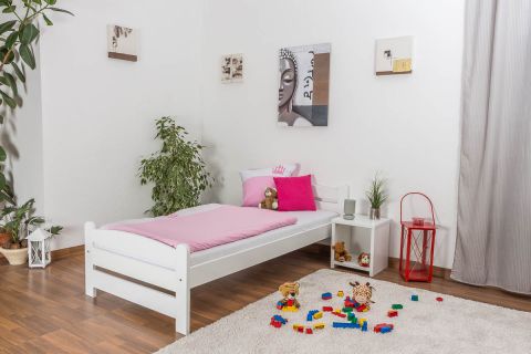 Lit d'enfant / lit de jeunesse en hêtre massif, verni blanc 118, sommier à lattes inclus - Dimensions 90 x 200 cm