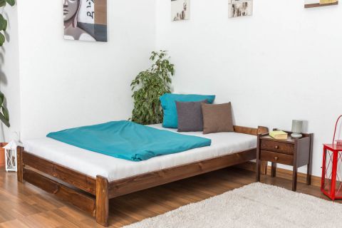 Lit simple / lit d'appoint en pin massif, couleur noyer A9, avec sommier à lattes - dimension 140 x 200 cm