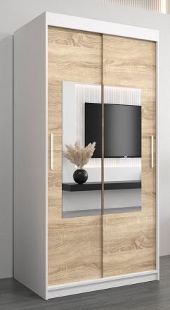 Armoire à portes coulissantes / Penderie Claveles 01 avec miroir, Couleur : Blanc mat / Chêne de Sonoma - Dimensions : 200 x 100 x 62 cm ( H x L x P)
