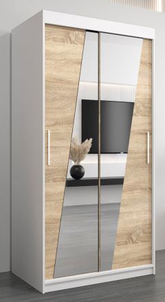 Armoire à portes coulissantes / Penderie Guajara 01 avec miroir, Couleur : Blanc mat / Chêne de Sonoma - Dimensions : 200 x 100 x 62 cm (H x L x P)