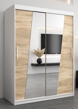 Armoire à portes coulissantes / Penderie Guajara 03 avec miroir, Couleur : Blanc mat / Chêne de Sonoma - Dimensions : 200 x 150 x 62 cm (H x L x P)