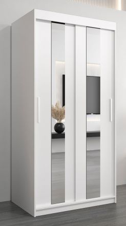 Armoire à portes coulissantes / Penderie Polos 01 avec miroir, Couleur : Blanc mat - Dimensions : 200 x 100 x 62 cm (H x L x P)