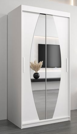 Armoire à portes coulissantes / Penderie Calvitero 01 avec miroir, Couleur : Blanc mat - Dimensions : 200 x 100 x 62 cm ( H x L x P)