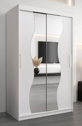 Armoire à portes coulissantes / Penderie Robinyera 02 avec miroir, Couleur : Blanc mat - Dimensions : 200 x 120 x 62 cm ( H x L x P)