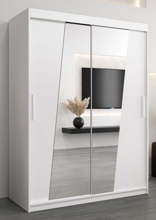 Armoire à portes coulissantes / Penderie Guajara 03 avec miroir, Couleur : Blanc mat - Dimensions : 200 x 150 x 62 cm (H x L x P)