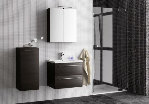 Meubles de salle de bains - Set D Rajkot, 3 pièces y compris lavabo / évier, couleur : chêne noir