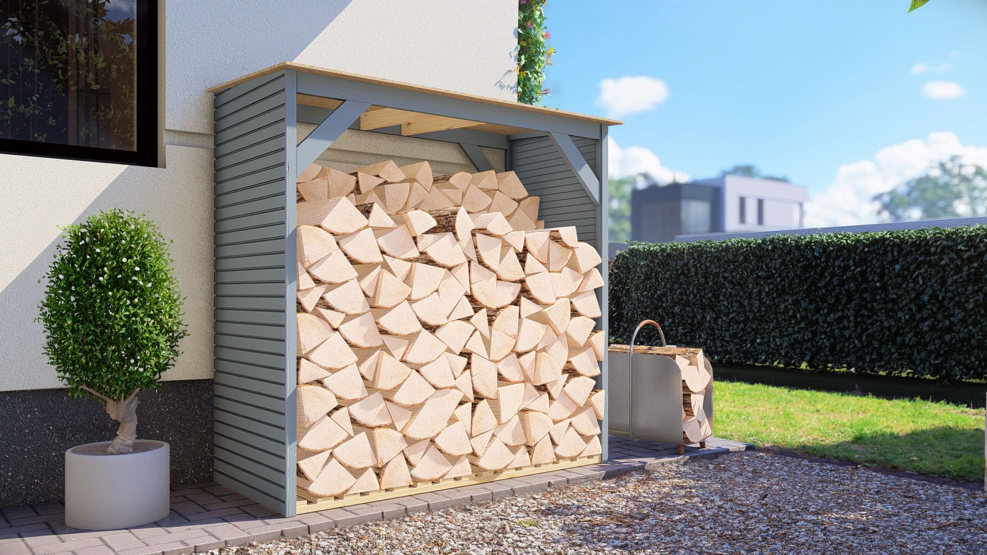 Abri pour bois de cheminée Zittau 01, Gris - Dimensions : 167 x 76 x 171 cm (l x L x h)