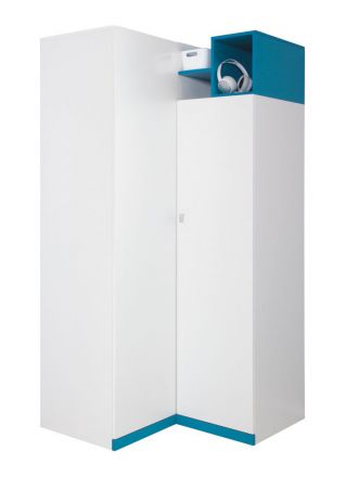 Chambre d'adolescents - armoire à portes battantes / armoire d'angle "Geel" 01, blanc / turquoise - Dimensions : 195 x 95 x 95 cm (H x L x P)