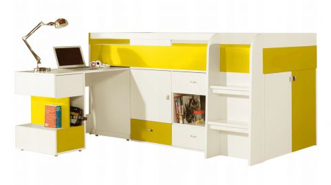 Lit fonctionnel / lit d'enfant / lit mezzanine avec base de lit et bureau "Geel" 42, blanc / jaune - Surface de couchage : 90 x 200 (l x L)