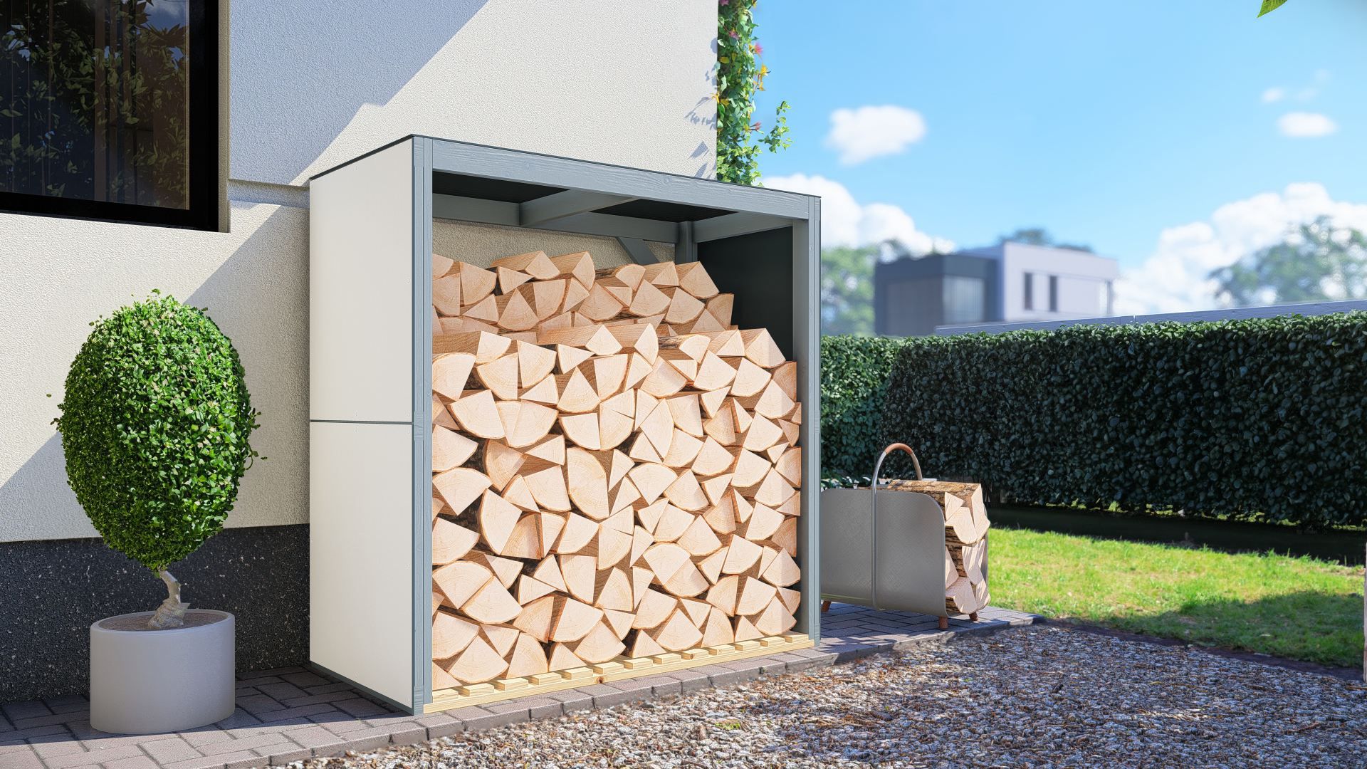 Abri pour bois de cheminée Zittau 02, Anthracite / Blanc - Dimensions : 151 x 76 x 155 cm (L x l x h)