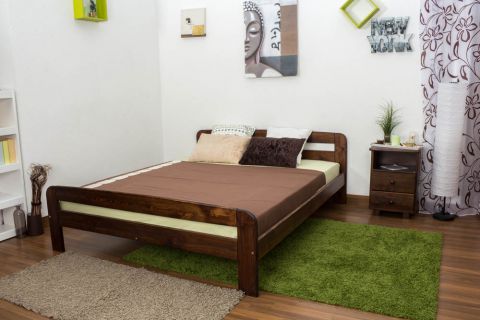 Lit double / lit d'appoint en bois massif, couleur noyer A6, sommier à lattes inclus - Dimensions 160 x 200 cm