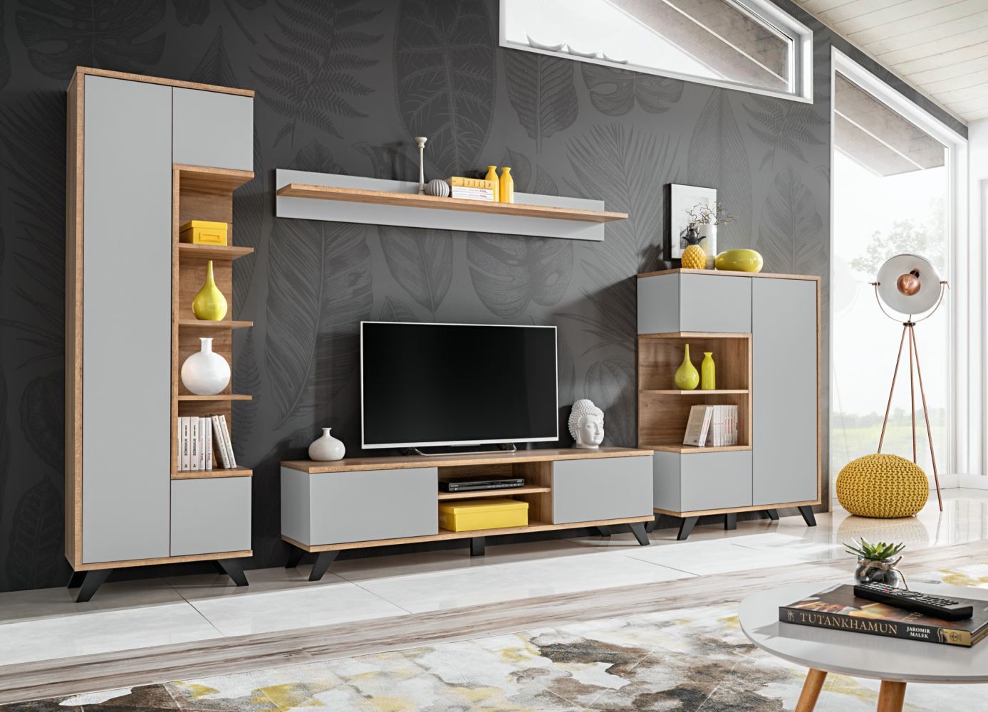 Exceptionnel meuble-paroi Austgulen 01, couleur : chêne Riviera / gris clair - dimensions : 192 x 330 x 45 cm (h x l x p), avec fonction push-to-open