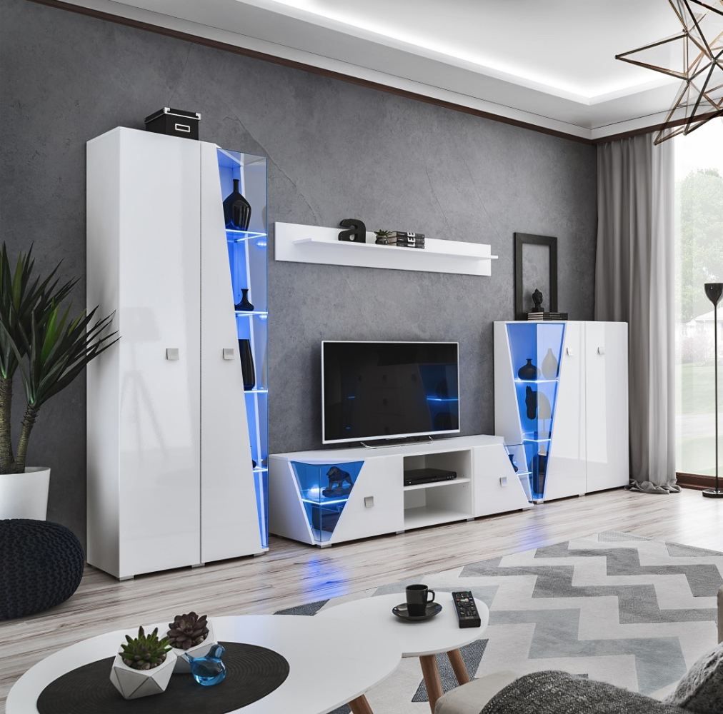 Elégant meuble-paroi Nevedal 01, couleur : blanc brillant - dimensions : 200 x 330 x 50 cm (h x l x p), avec éclairage LED