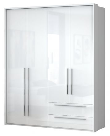 Armoire à portes battantes / armoire avec cadre LED Siumu 28, Couleur : Blanc / Blanc brillant - 226 x 187 x 60 cm (H x L x P)