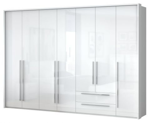 Armoire à portes battantes / armoire avec cadre Siumu 37, Couleur : Blanc / Blanc brillant - 226 x 322 x 60 cm (H x L x P)