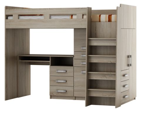 Lit mezzanine avec 2 armoires et bureau Grogol 05, couleur : Chêne de Sonoma - Surface de couchage : 90 x 200 cm (l x L)