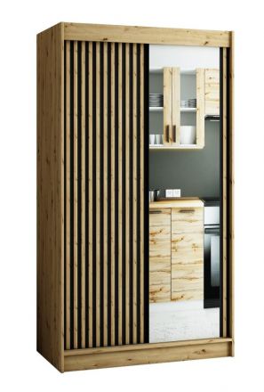 Armoire à portes coulissantes / Penderie Borgis 02C avec miroir, Couleur : Chêne Artisan / Noir mat - Dimensions : 200 x 120 x 62 cm (H x L x P)