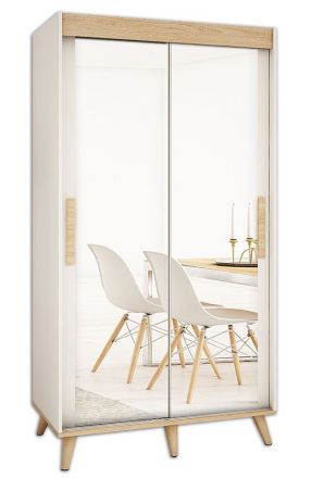 Armoire à portes coulissantes / Penderie Perdito 01E avec miroir, Couleur : Blanc mat / Hêtre - Dimensions : 208 x 100,5 x 62 cm ( h x l x p)