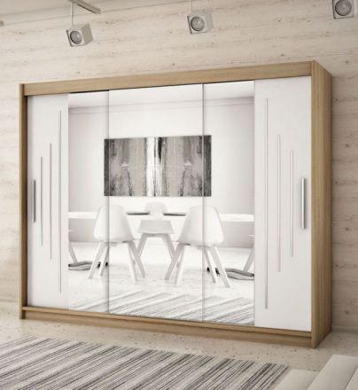 Armoire à portes coulissantes / Penderie avec miroir Tomlis 06B, Couleur : Chêne de Sonoma / Blanc mat - Dimensions : 200 x 250 x 62 cm (H x L x P)