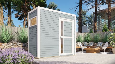 Abri de jardin à éléments avec toit plat, avec plancher et carton bitumé, laqué gris clair - 19 mm, surface au sol : 2,60 m².
