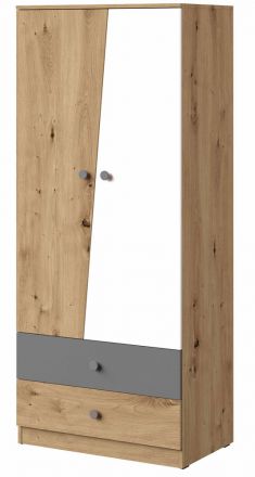 Armoire à portes battantes / Penderie Sirte 01, Couleur : Chêne / Blanc / Gris mat - Dimensions : 190 x 80 x 50 cm (H x L x P)