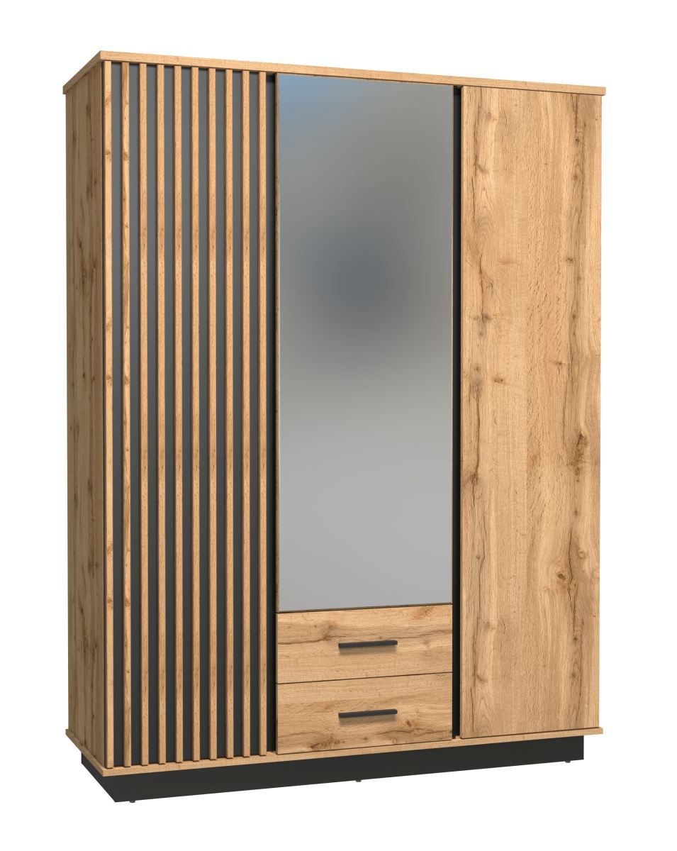 Armoire avec miroir et beaucoup d'espace de rangement Trevalli 15, Couleur : Chêne / Noir - Dimensions : 194 x 146 x 52 cm (H x L x P)