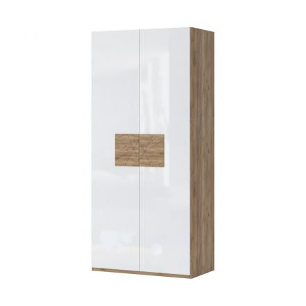 Armoire à portes battantes / armoire Manase 15, couleur : brun chêne / blanc brillant - 224 x 102 x 56 cm (h x l x p)