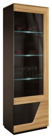 Vitrine avec charnière de porte à droite "Belica" 23, couleur : chêne naturel / noir, partiellement massif - Dimensions : 192 x 61 x 43 cm (H x L x P)