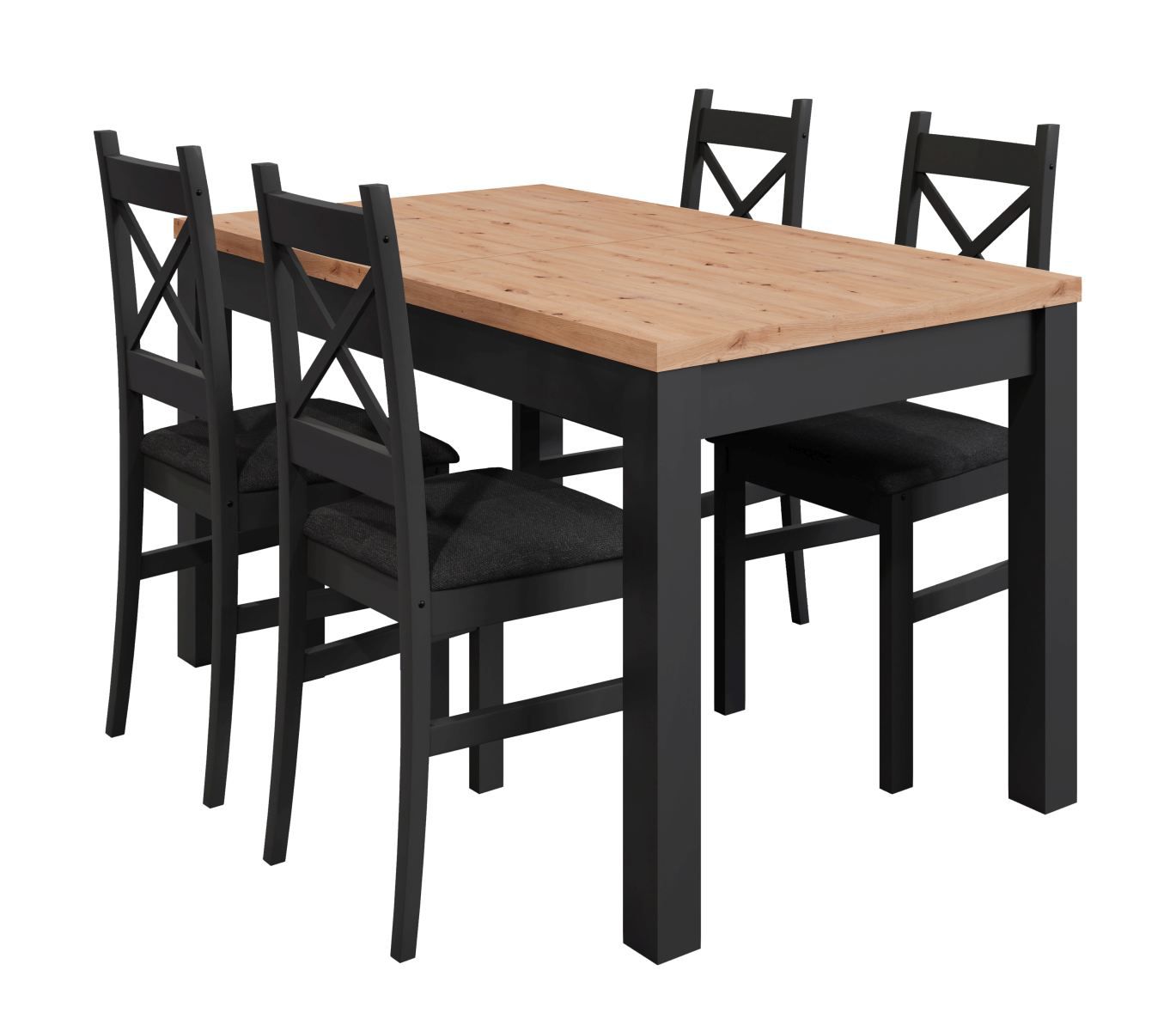 Table de salle à manger bicolore Temerin 35 extensible avec 4 chaises en bois massif, Chêne artisan / Noir mat, robuste et durable, couleurs agréables