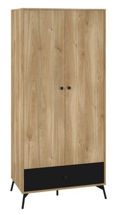 Armoire avec tiroir Lincolnia 01, Couleur : Chêne / Noir - Dimensions : 200 x 90 x 55 cm (h x l x p), avec 2 portes, 1 tiroir et 1 compartiment
