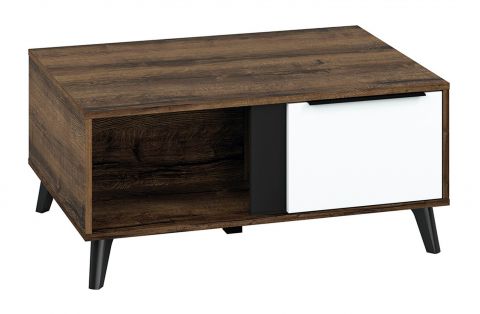 Table basse Kouvola 09, couleur : chêne foncé / blanc brillant / noir - Dimensions : 92 x 65 x 42 cm (L x P x H), avec 1 tiroir et 1 étagère